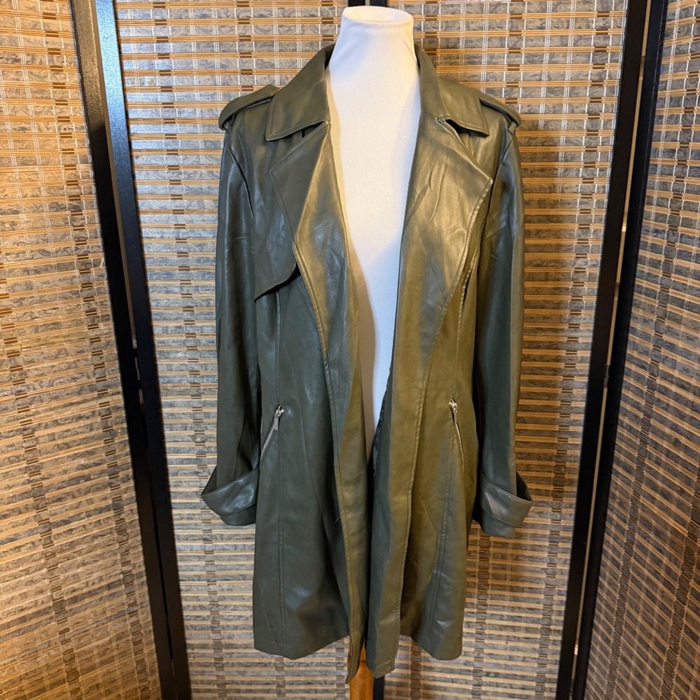 Bagatelle Collection Faux Leather Trench Coat Women XL Olive Green Duster Jacket